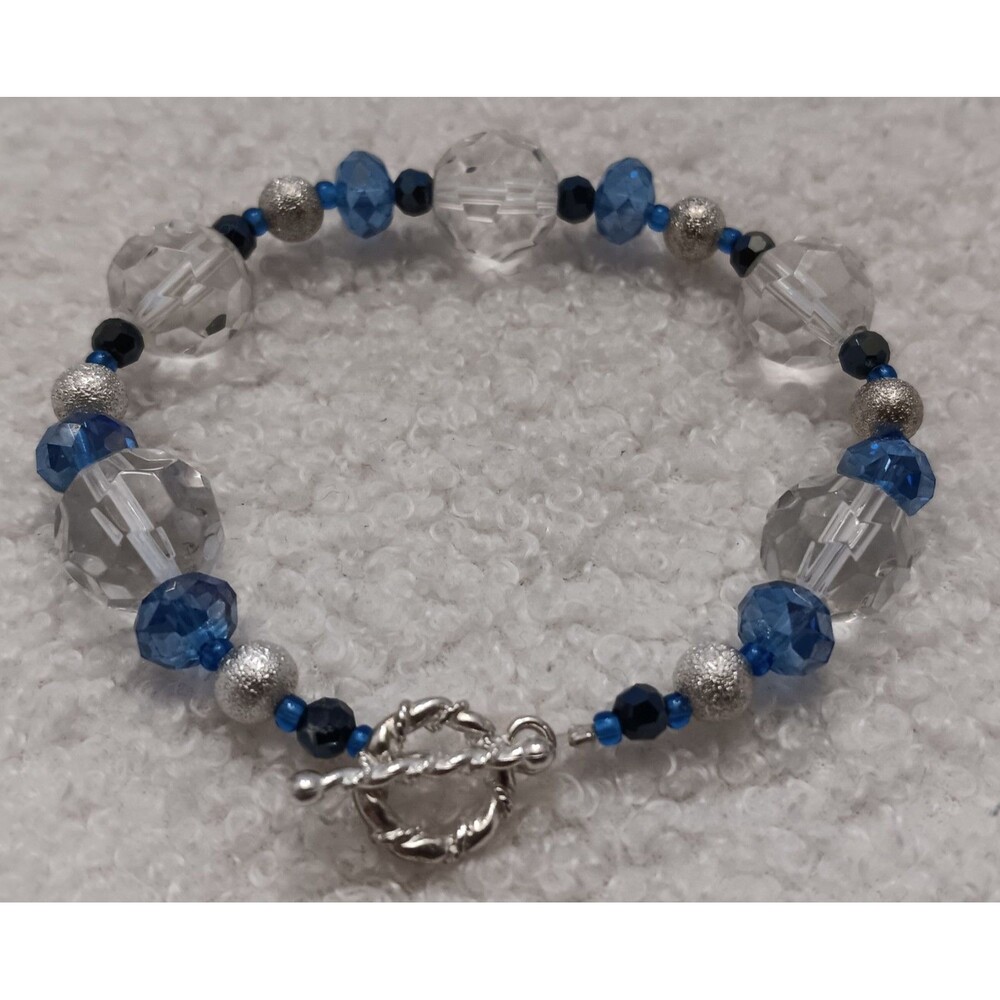 Clear Faceted Crystal & Blue AB Glass Bead Bracelet 7.25 in Silvertone Toggle